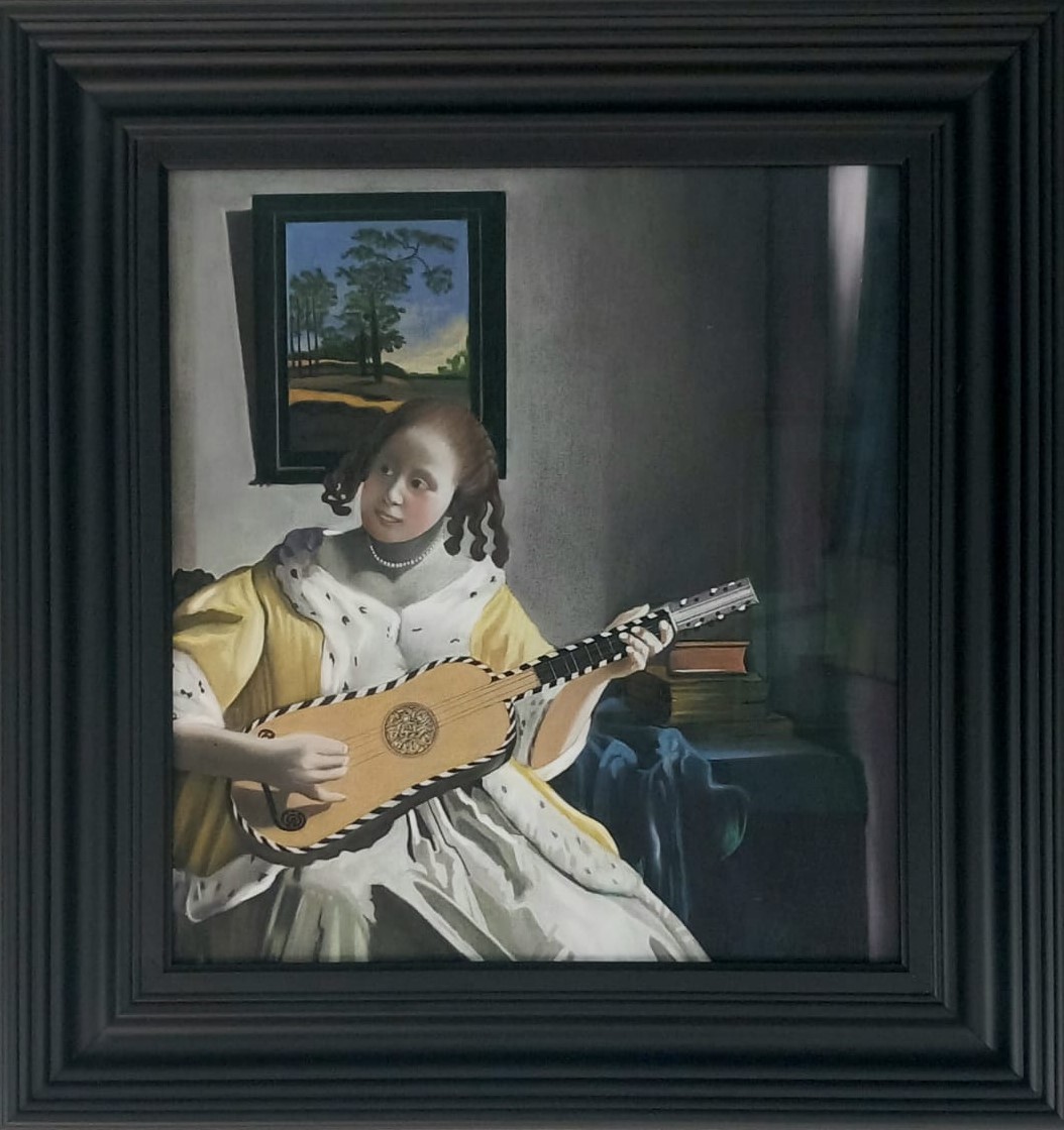 Johannes Vermeer, "Meisje met de gitaar",  € 2.200,=  L x B  53 x46 cm